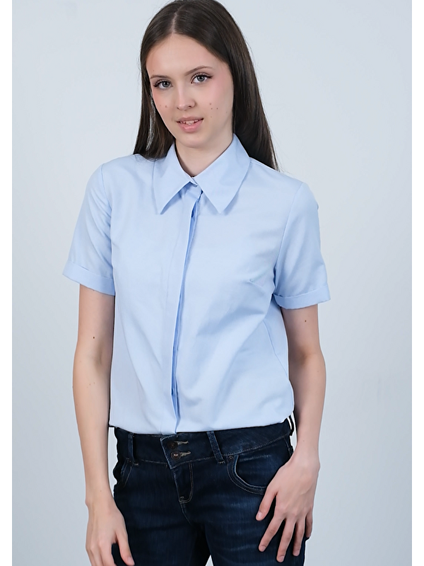 Pera Moda Poplin Kumaş Kısa Kollu Gizli Düğmeli Gömlek