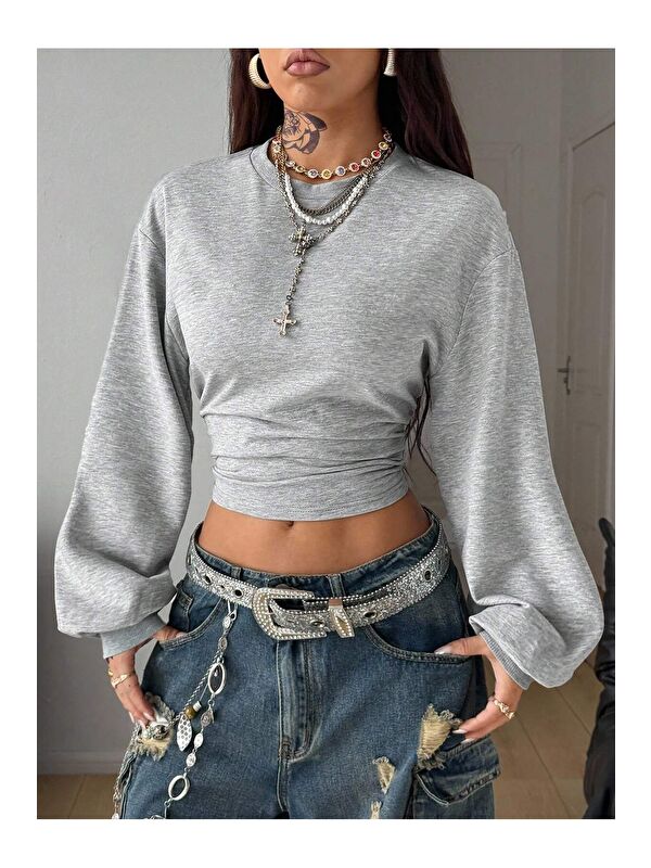 Tarz Cool Kadın Gri Bisiklet Yaka Belden Oturtmalı Tasarım Sweatshirt