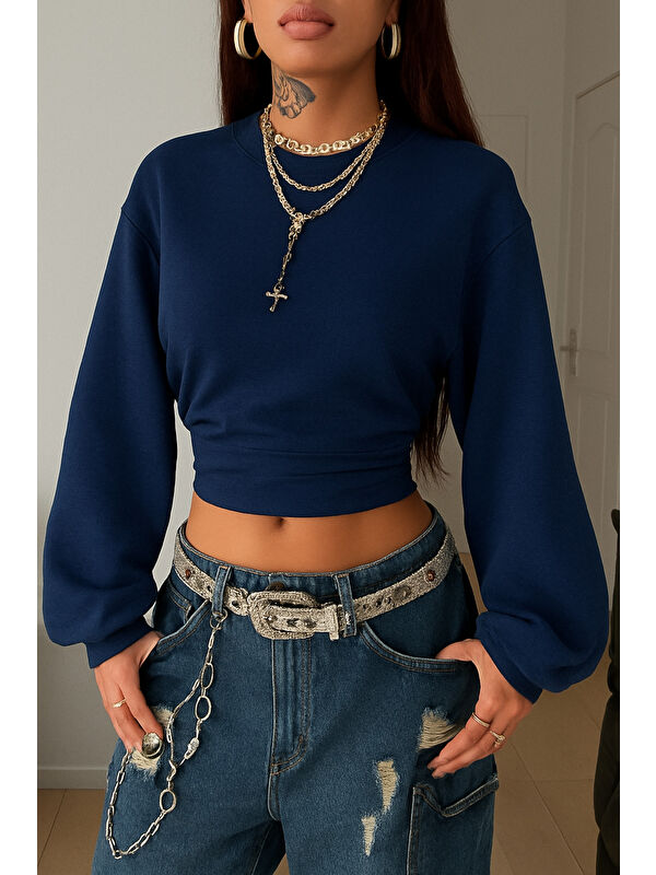 Tarz Cool Kadın Lacivert Bisiklet Yaka Belden Oturtmalı Tasarım Sweatshirt