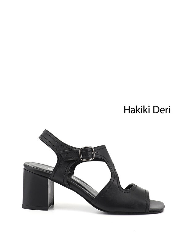 GÖNDERİ(R) Kadın SİYAH Kalın Topuklu Arkası Açık Hakiki Deri Sandalet