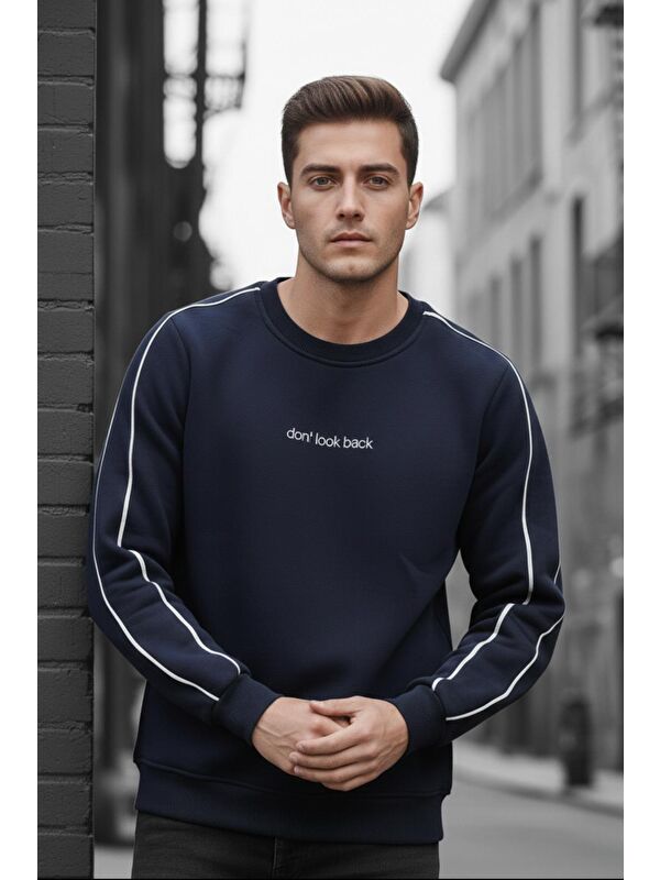 Oksit Dont Look Slim Fit Üç İplik Şardonlu Bisiklet Yaka Erkek Sweatshirt