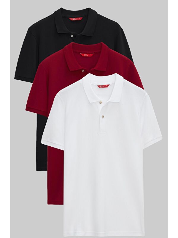 D'S damat Regular Fit Siyah/Bordo/Beyaz Pike Dokulu %100 Pamuk Polo Yaka Tişört