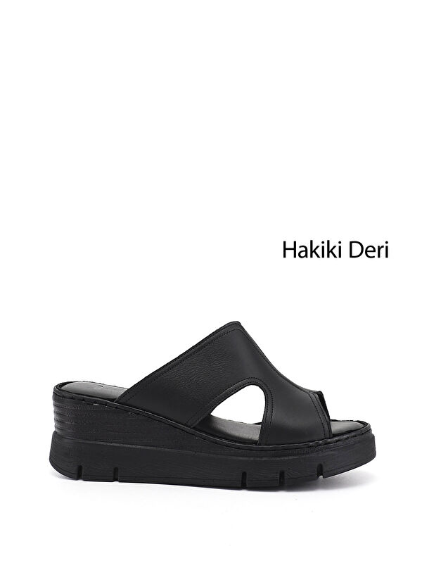 GÖNDERİ(R) Kadın SİYAH Dolgu Topuklu Hakiki Deri Terlik