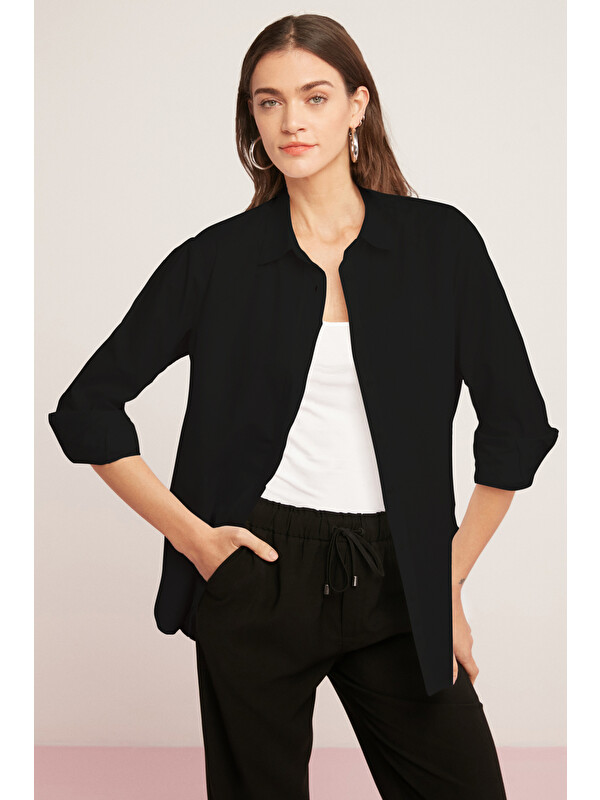 ETHIQUET GEORGIA Kadın 100% Pamuk Poplin Oversize Fit SİYAH Gömlek