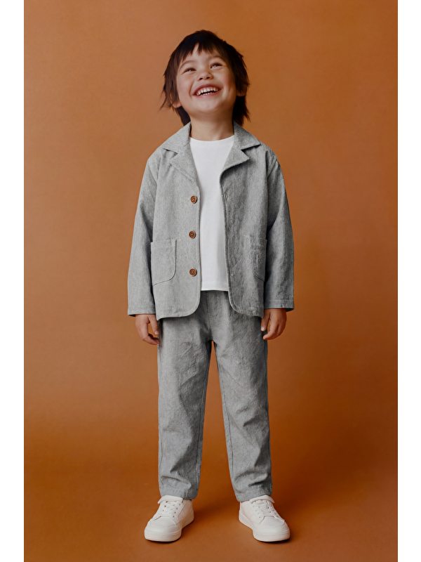 Magu Erkek Çocuk Pamuklu Gri Klasik Ceket Takım - Blazer Ceket & Pantolon + 3'Lü T-Shirt Set