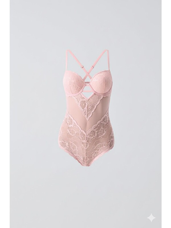 C&City Dolgusuz Dantel Detaylı Bodysuit C15096 Pudra