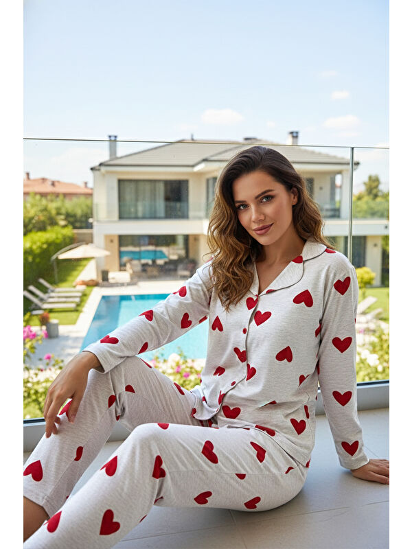Remsa Kadın Kalp Desen Önü Düğmeli Suprem Pijama Takımı 0614 Bej02
