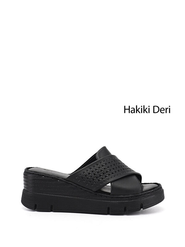 GÖNDERİ(R) Kadın SİYAH Dolgu Topuklu Hakiki Deri Terlik