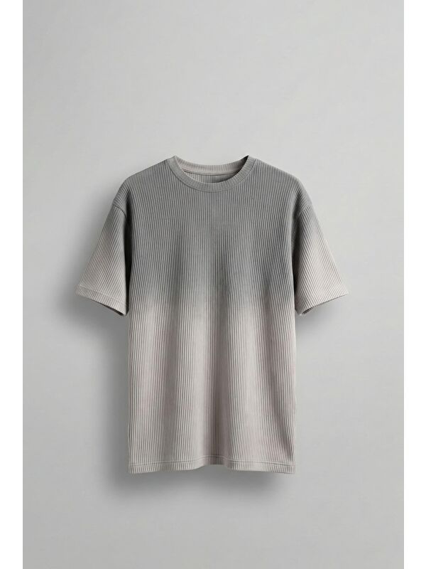 Abluka Online Erkek Fitilli Yıkamalı Renk Geçişli Oversize T-Shirt Gri Siyah