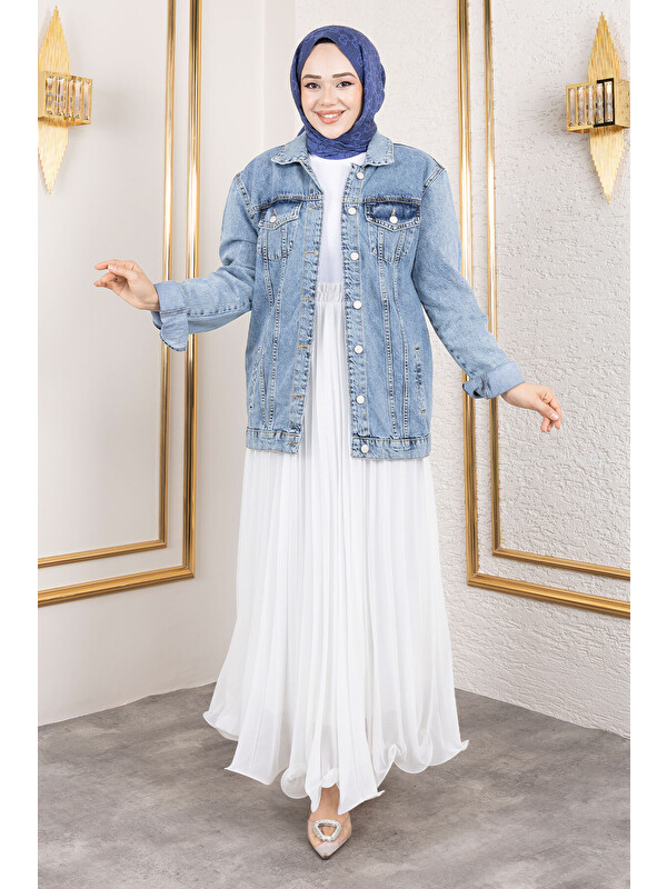 Tesettür Dünyası Relaxed Jean Ceket TSD250187 Açık Mavi