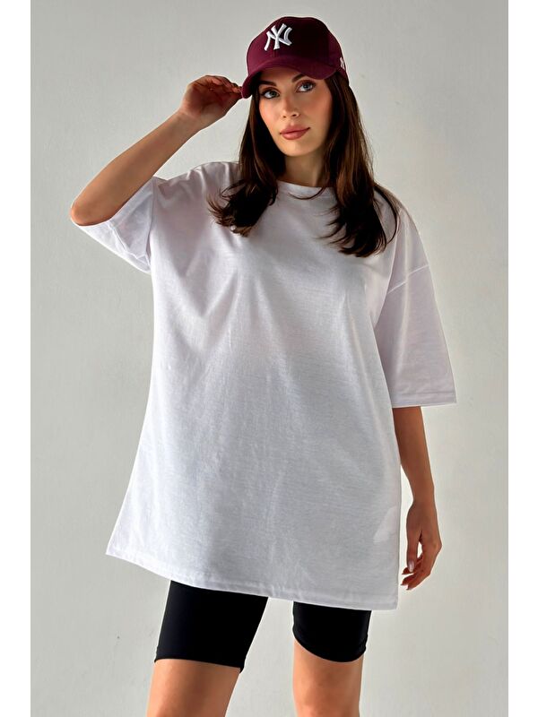 Trendseninle Kadın Düz Renk Beyaz Oversize T Shirt