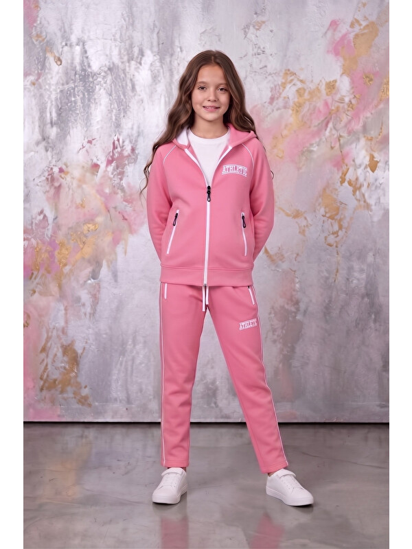 Pina Kids Kız Çocuk Atheletic Reglan Kol Kapüşonlu Düz Paça Dalgıç Kumaş Eşofman Takımı ESF7018