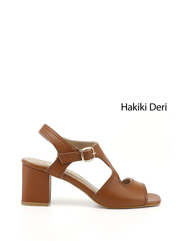 GÖNDERİ(R) Kadın TABA KAHVE MEL. Kalın Topuklu Arkası Açık Hakiki Deri Sandalet