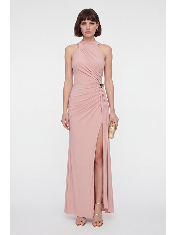 Lafaba Kadın Pudra Halter Yaka Aksesuar Detay Uzun Abiye Elbise