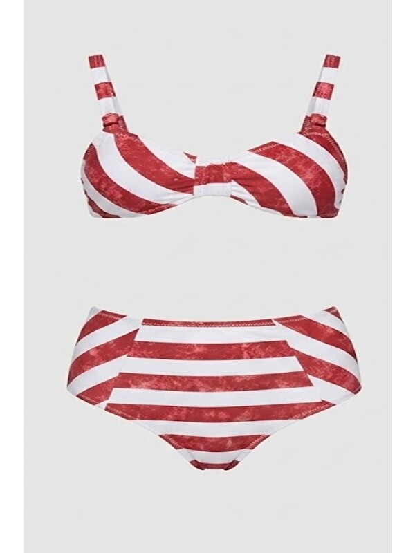 C&City Yüksek Bel Straplez Bikini Takım 3225 Bordo/Beyaz