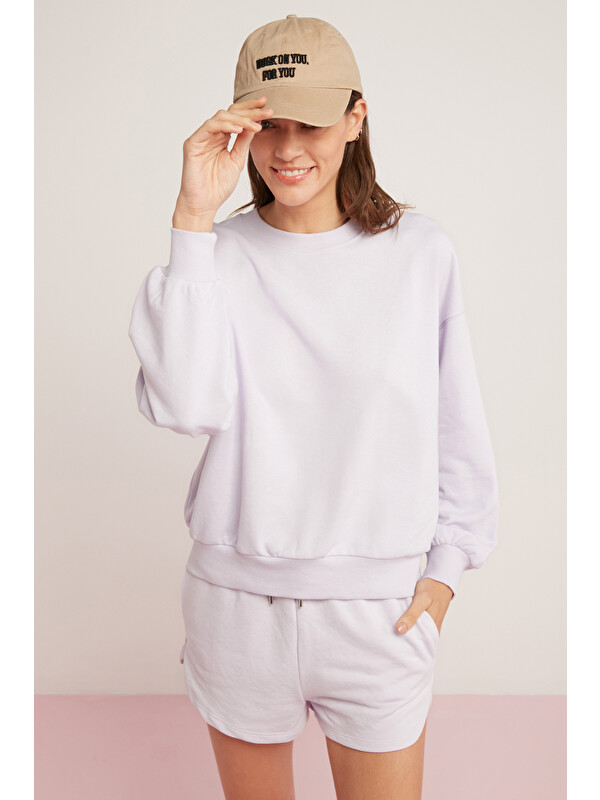 ETHIQUET SAHRA Kadın Pamuklu Içi Polarlı Yumuşacık Oversize Yuvarlak Yaka Basıc LİLA Sweatshirt