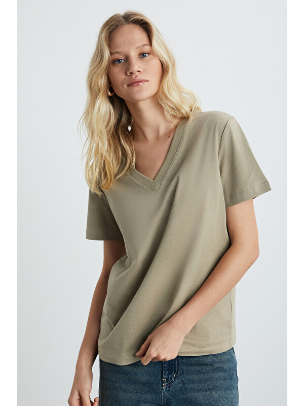 GRIMELANGE ALINE Kadın %100 organik Pamuk Derin V Yakalı Comfort Fit BEJ T-Shirt