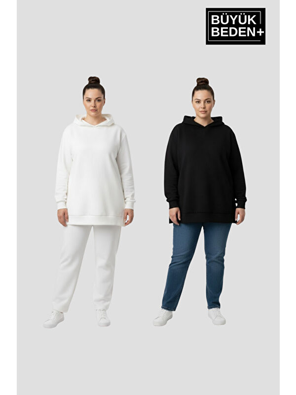 Süperlife Kadın Büyük Beden 2 'li Set Kapüşonlu Tunik ince Sweatshırt SPR26BTK991+2
