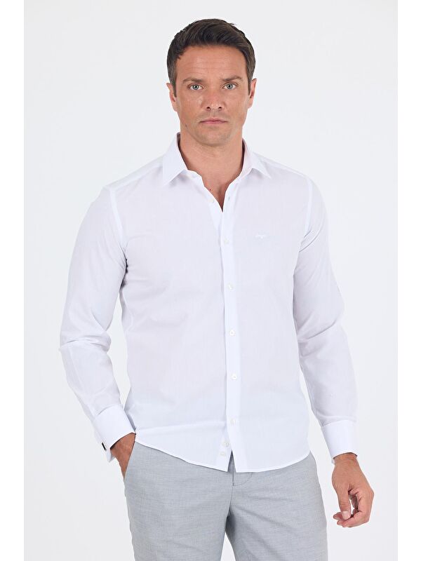 İMZA Beyaz Uzun Kol Düz Sert Yaka Cepsiz Pamuklu Basic Slim Fit Gömlek 1004250059_600