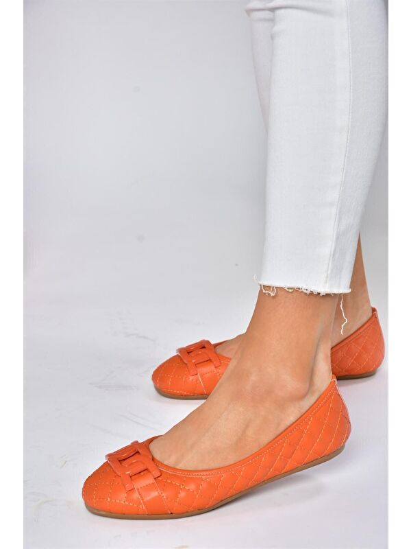 Fox Shoes P250005209 Turuncu Kapitone Tokalı Günlük Kadın Babet