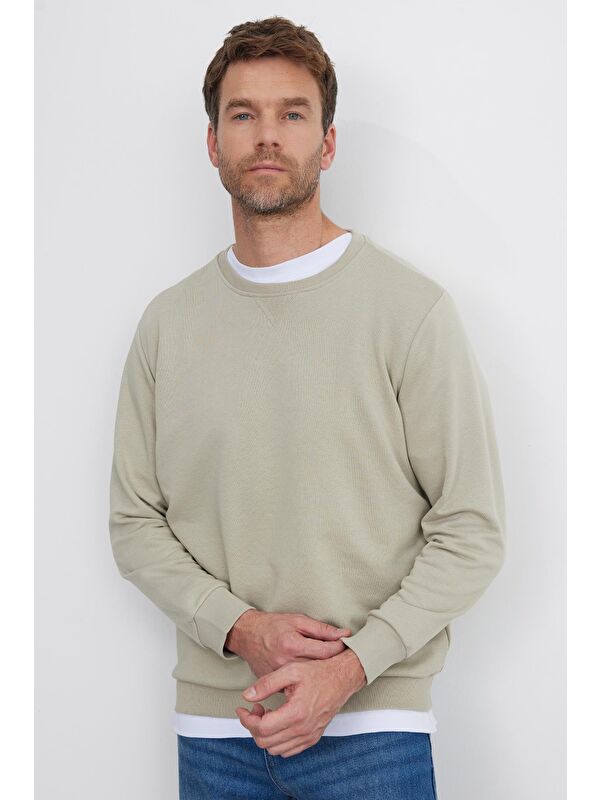 TUDORS Unisex Relax Fit Rahat Kesim %100 Pamuk Basic Taş Bisiklet Yaka Sweatshirt