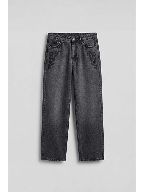 Abluka Online Erkek Baggy Nakış Detaylı Jean Pantolon Koyu Gri