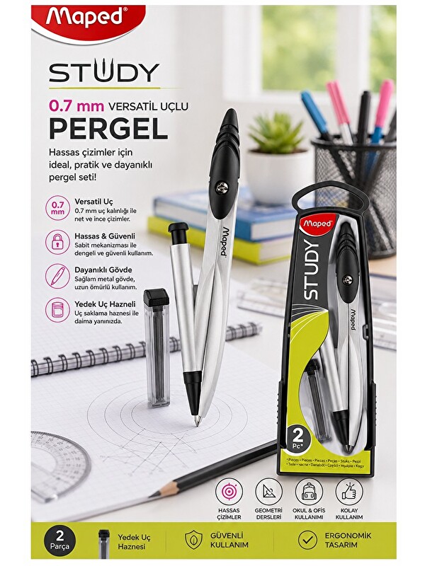 Maped 0.7 Uçlu Metal Pergel Siyah 1 Adet 119430 Kutulu Metal Pergel Versatil Uçlu Mekanik Kalem Basm