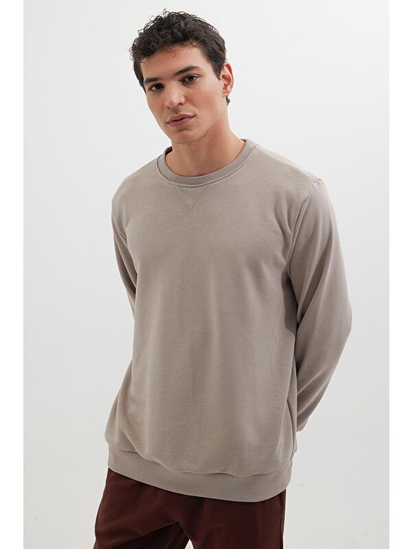 TUDORS Unisex Relax Fit Rahat Kesim %100 Pamuk Basic Bej Bisiklet Yaka Sweatshirt