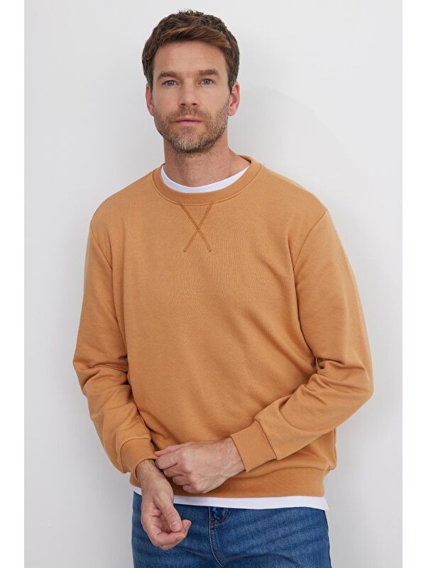 TUDORS Unisex Relax Fit Rahat Kesim %100 Pamuk Basic Camel Bisiklet Yaka Sweatshirt