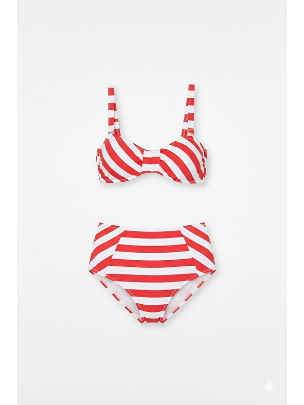 C&City Yüksek Bel Straplez Bikini Takım 3225 Kırmızı/Beyaz