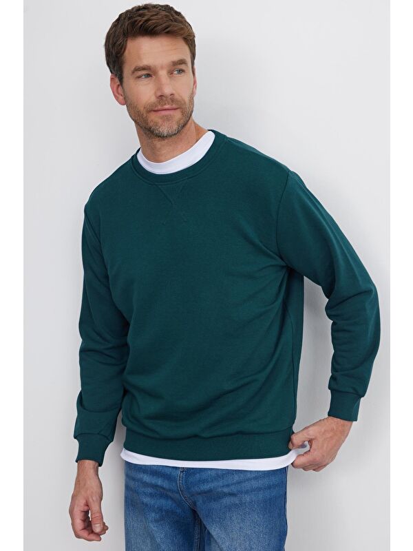 TUDORS Unisex Relax Fit Rahat Kesim %100 Pamuk Basic Yeşil Bisiklet Yaka Sweatshirt