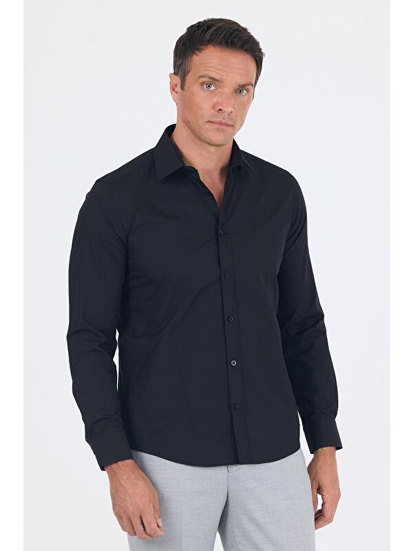 İMZA Siyah Uzun Kol Düz Bez Ayağı Sert Yaka Cepsiz Pamuklu Basic Slim Fit Gömlek 1004250057_001
