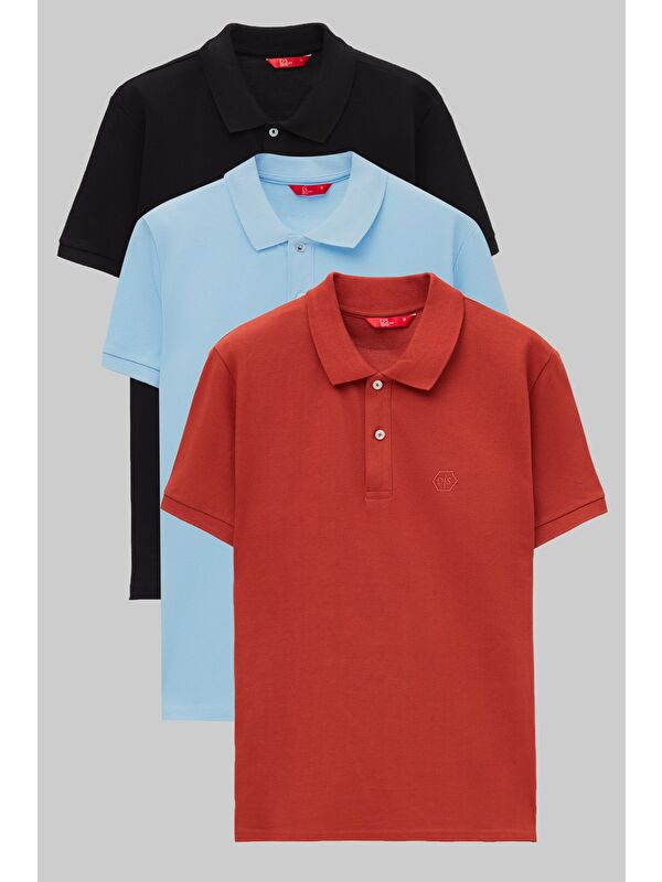 D'S damat Regular Fit Siyah/Açık Mavi/Kiremit Pike Dokulu %100 Pamuk Polo Yaka Tişört