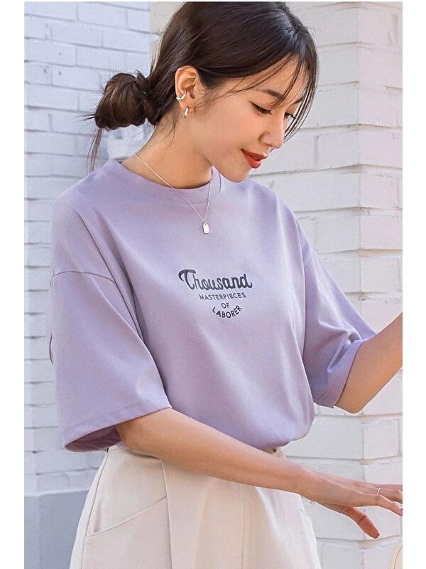 Trendseninle Kadın LİLA Bisiklet Yaka Thousand Baskılı Oversize T Shirt