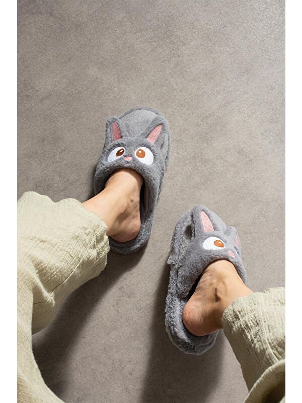 My Tavşan Nakışlı Kadın Ev Terliği Pelüş Terlik Çeyiz ve Bohça Terliği Ses Yapmaz Kalın Taban - Görsel 3