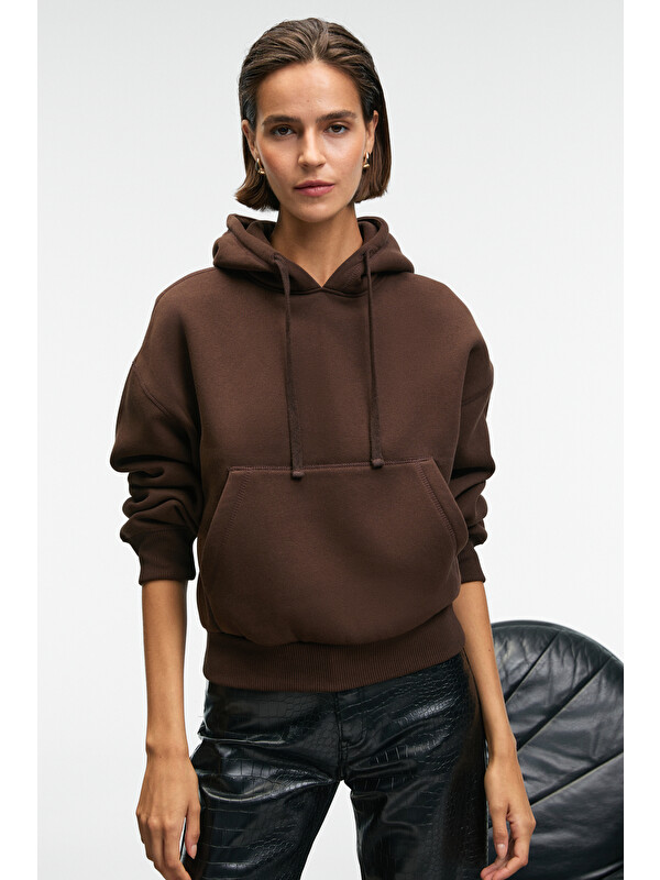 GRIMELANGE SELENE Kadın Kapüşonlu Kangru Cepli Regular Fit KAHVERENGİ Sweatshirt