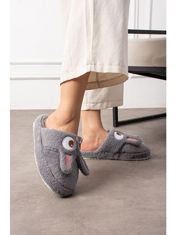 My Tavşan Nakışlı Kadın Ev Terliği Pelüş Terlik Çeyiz ve Bohça Terliği Ses Yapmaz Kalın Taban - Görsel 4