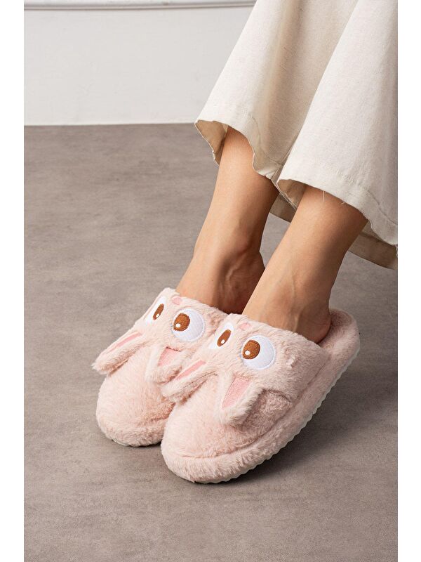 My Tavşan Nakışlı Kadın Ev Terliği Pelüş Terlik Çeyiz ve Bohça Terliği Ses Yapmaz Kalın Taban - Görsel 2