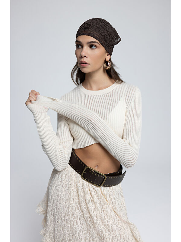 Mai Collection Liana Bej Yumuşak Doku Triko Crop