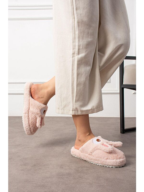 My Tavşan Nakışlı Kadın Ev Terliği Pelüş Terlik Çeyiz ve Bohça Terliği Ses Yapmaz Kalın Taban - Görsel 3