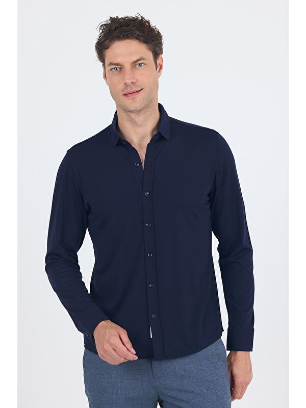 İMZA Koyu Lacivert Uzun Kol Düz Örme Polo Yaka Cepsiz Esnek Classic Slim Fit Gömlek 1004250153_200