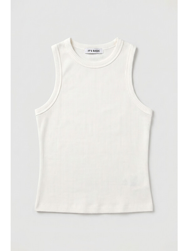 It's Basic Kadın Ekru s6-101 Sıfır Kol Esnek Kumaş Crop Top