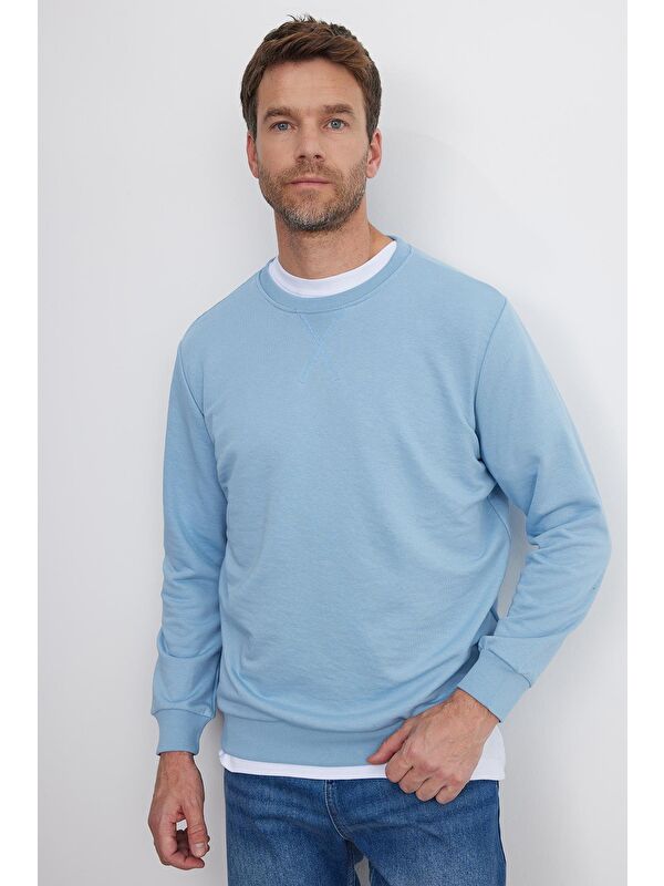 TUDORS Unisex Relax Fit Rahat Kesim %100 Pamuk Basic Mavi Bisiklet Yaka Sweatshirt