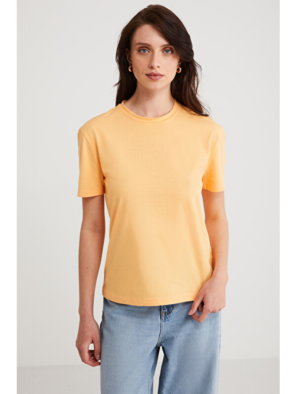 ETHIQUET MARTINA Kadın %100 Organik Pamuk Regular Fit Normal Kalıp Bisiklet Yaka Basic TURUNCU T-Shirt