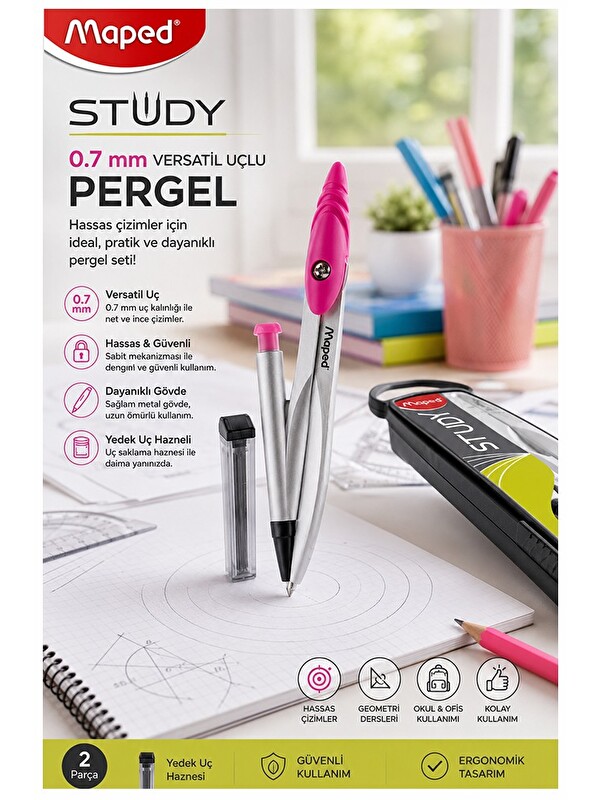 Maped 0.7 Uçlu Metal Pergel Pembe 1 Adet 119430 Kutulu Metal Pergel Versatil Uçlu Mekanik Kalem Basm