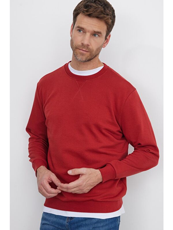 TUDORS Unisex Relax Fit Rahat Kesim %100 Pamuk Basic Kiremit Bisiklet Yaka Sweatshirt