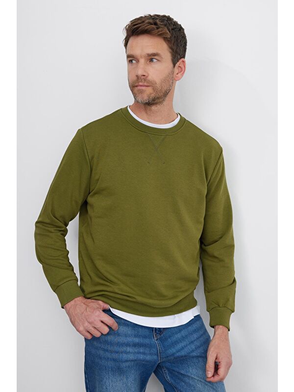 TUDORS Unisex Relax Fit Rahat Kesim %100 Pamuk Basic Yeşil Bisiklet Yaka Sweatshirt