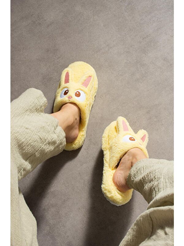 My Tavşan Nakışlı Kadın Ev Terliği Pelüş Terlik Çeyiz ve Bohça Terliği Ses Yapmaz Kalın Taban - Görsel 3