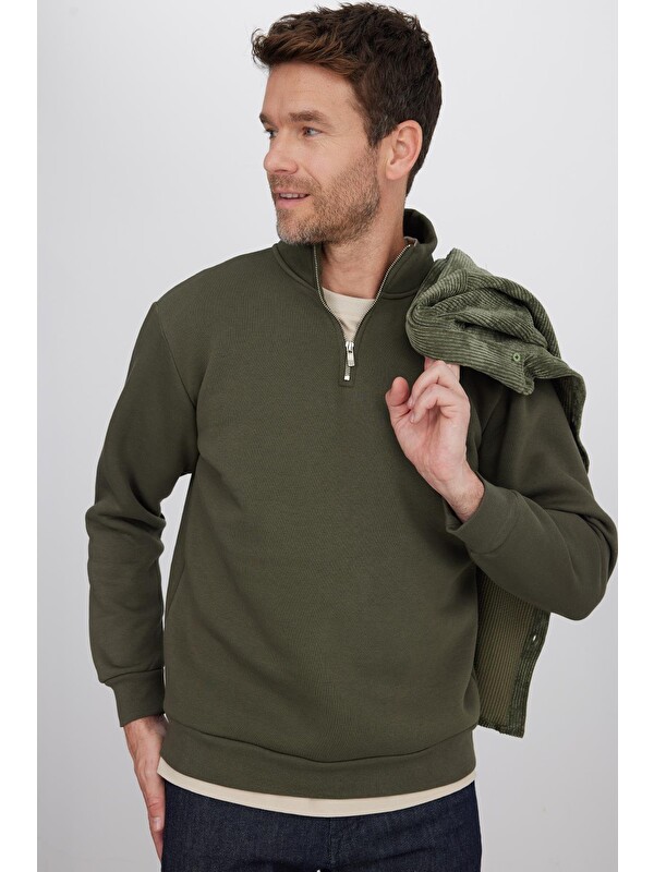 TUDORS Unisex Relax Fit Rahat Kesim Pamuklu İçi Polarlı Yarım Fermuarlı Haki Dik Yaka Sweatshirt