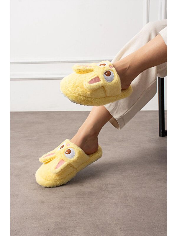 My Tavşan Nakışlı Kadın Ev Terliği Pelüş Terlik Çeyiz ve Bohça Terliği Ses Yapmaz Kalın Taban - Görsel 4